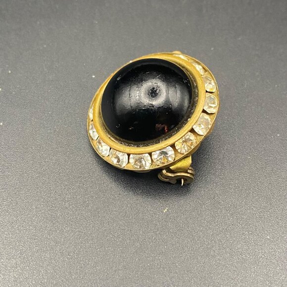 Vintage Gold-Tone Brooch Domed Black Glass Cabochon Rhinestones Brass MCM - Picture 4 of 7